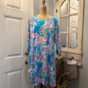 Lulu-B Vibrant Blue and Pink Floral Dress Comfortable Coastal Grandmacore Size L